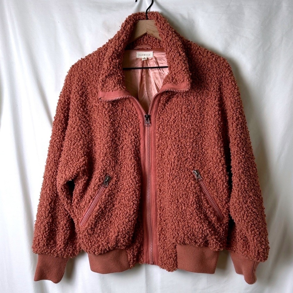 Promesa Womens Teddy Bear Sherpa Bomber Jacket Rose Pink Size S Cozy Streetwear